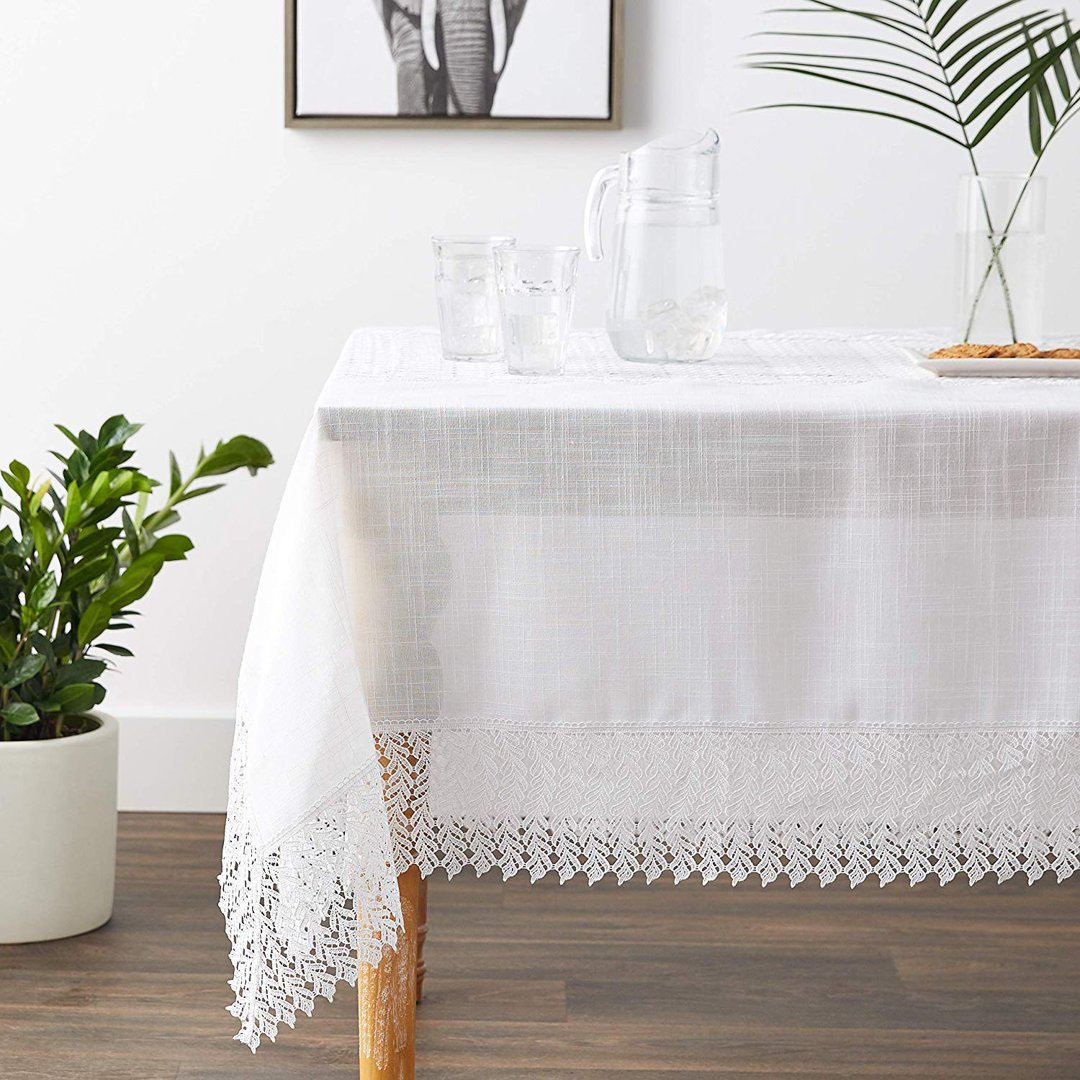 Violet Linen Lisbon Modern Embroidered Runner Design, Macrame Lace Border, Polyester, White, 52 Inch by 70 Inch, Seats 4 to 6 Pepole, Rectangle Tablecloths Violet Linen 