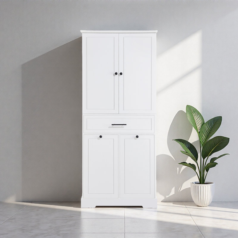 Armoire de rangement autoportante avec portes et tiroirs, panier à linge inclinable, tablette réglable, plusieurs espaces de rangement
