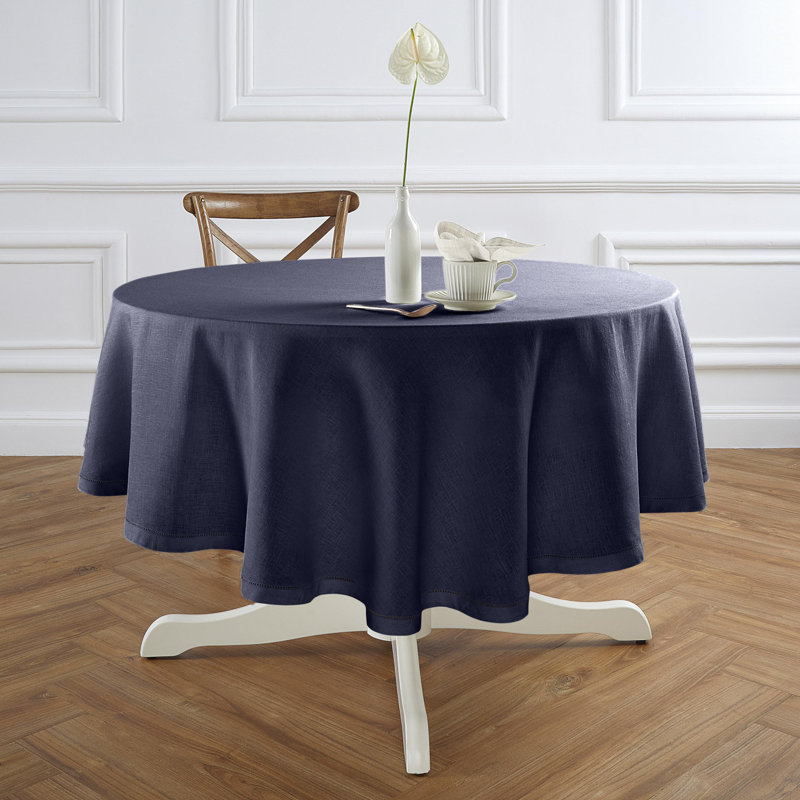 Sonoma Hemstitch - 100% Pure Linen Round Tablecloth (Prewashed), 60" Round, Indigo Navy