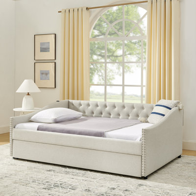 Full Size Daybed with Twin Pull-Out Trundle, USB Charging, Button Tufted Back & Nailhead Arms, Beige