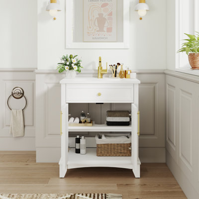 Ensemble de meuble-lavabo autoportant 28 po avec poignées en métal, style Mid-Century peint 28 po