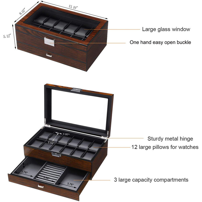 Brown Faux Leather 12-Slot Watch Box with Glass Lid and Drawer