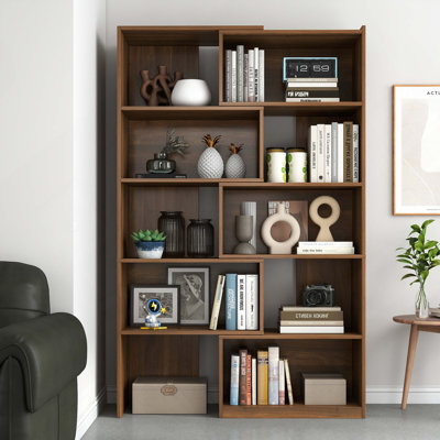 Modern Modular Walnut Bookshelf, 5-Tier Staggered Open Shelf Bookcase, Asymmetric Storage Display Rack for Living Room, Bedroom