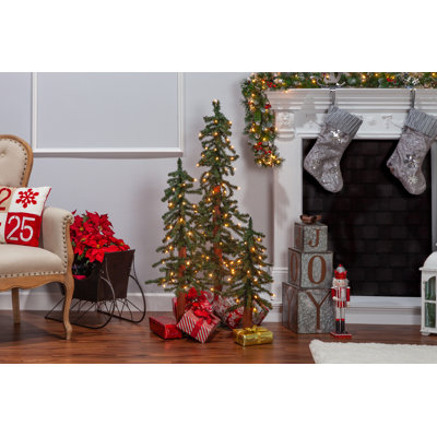 Cozy 3 Piece Set Of Pre Lit Alpine Trees With Warm White Led Lights