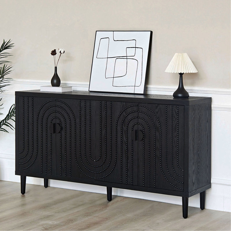 Buffet moderne noir avec détails cloutés décoratifs, solution de rangement élégante pour la salle à manger et le salon