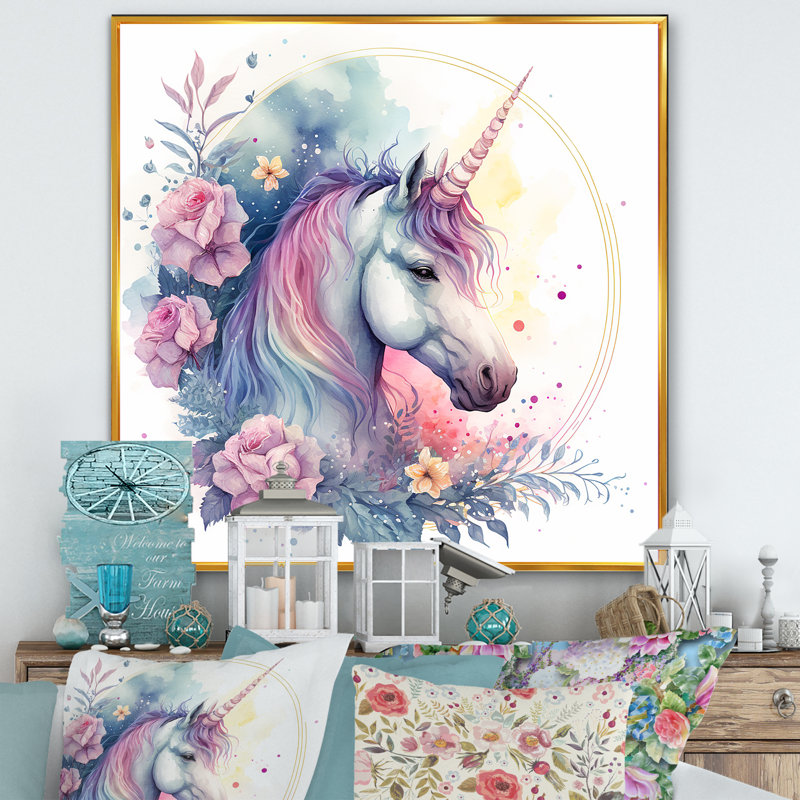 Adorable licorne pastel entourée de fleurs III - cheval, art mural, H 36 po x l 36 po x P 1,5 po
