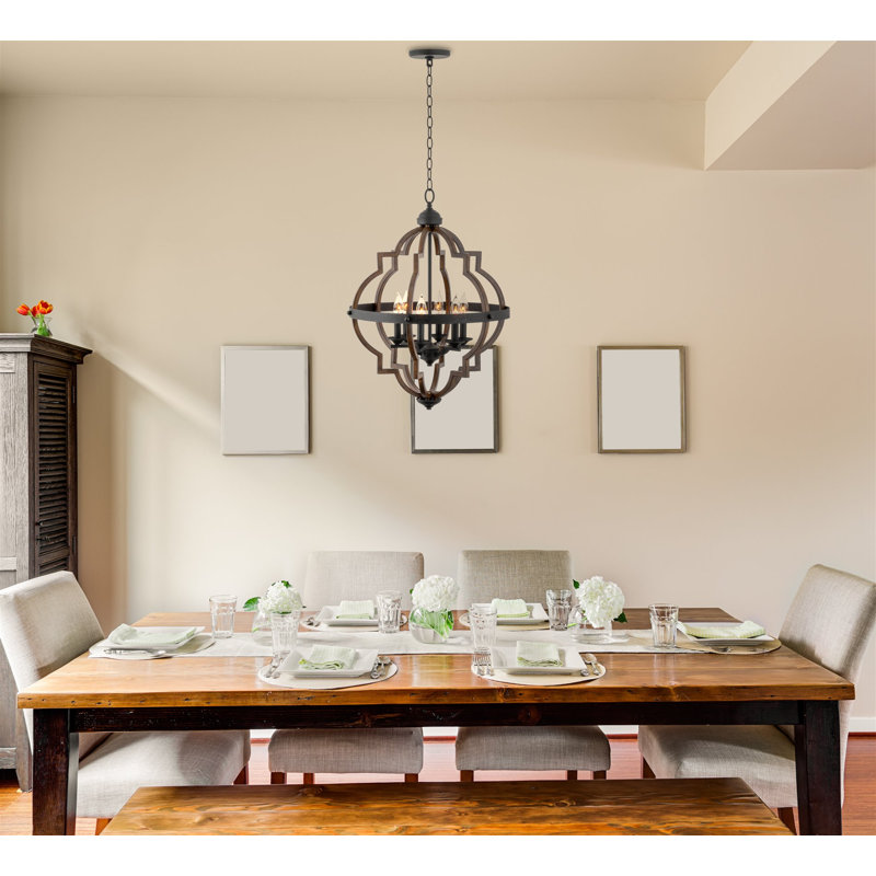 Estefanita 6 - Light Dimmable Geometric Chandelier, Textured Black Accents/Walnut Style Finish