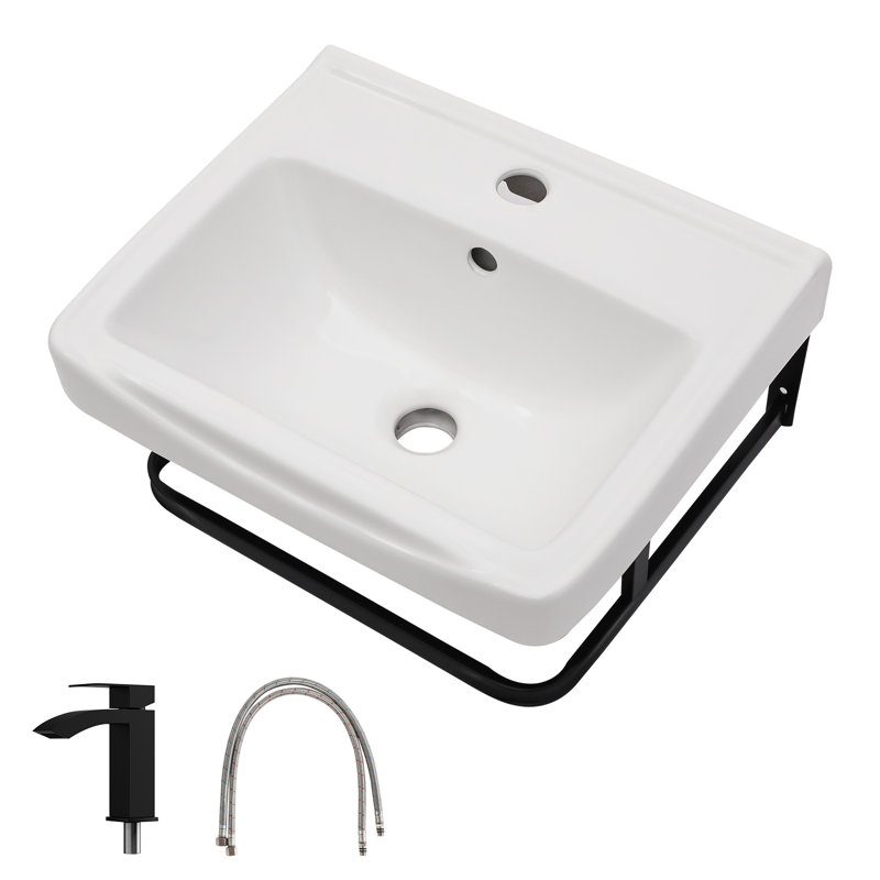 Ensemble de lavabo de salle de bain mural en céramique blanc 17 po x 14 po avec robinet noir, lignes d'alimentation et barre à serviettes, meuble-lavabo rectangulaire compact avec trop-plein