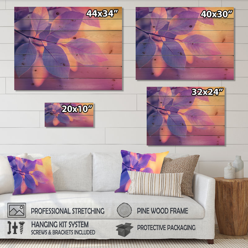 Coucher de soleil sur les feuilles II - Art mural en bois de feuilles - sur bois de pin naturel, H 30 po x l 40 po