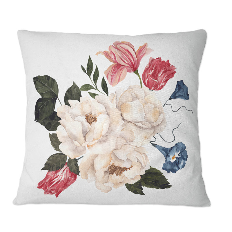 Bouquet rétro avec fleurs et feuilles rétro V - coussin décoratif traditionnel, 16 po x 16 po
