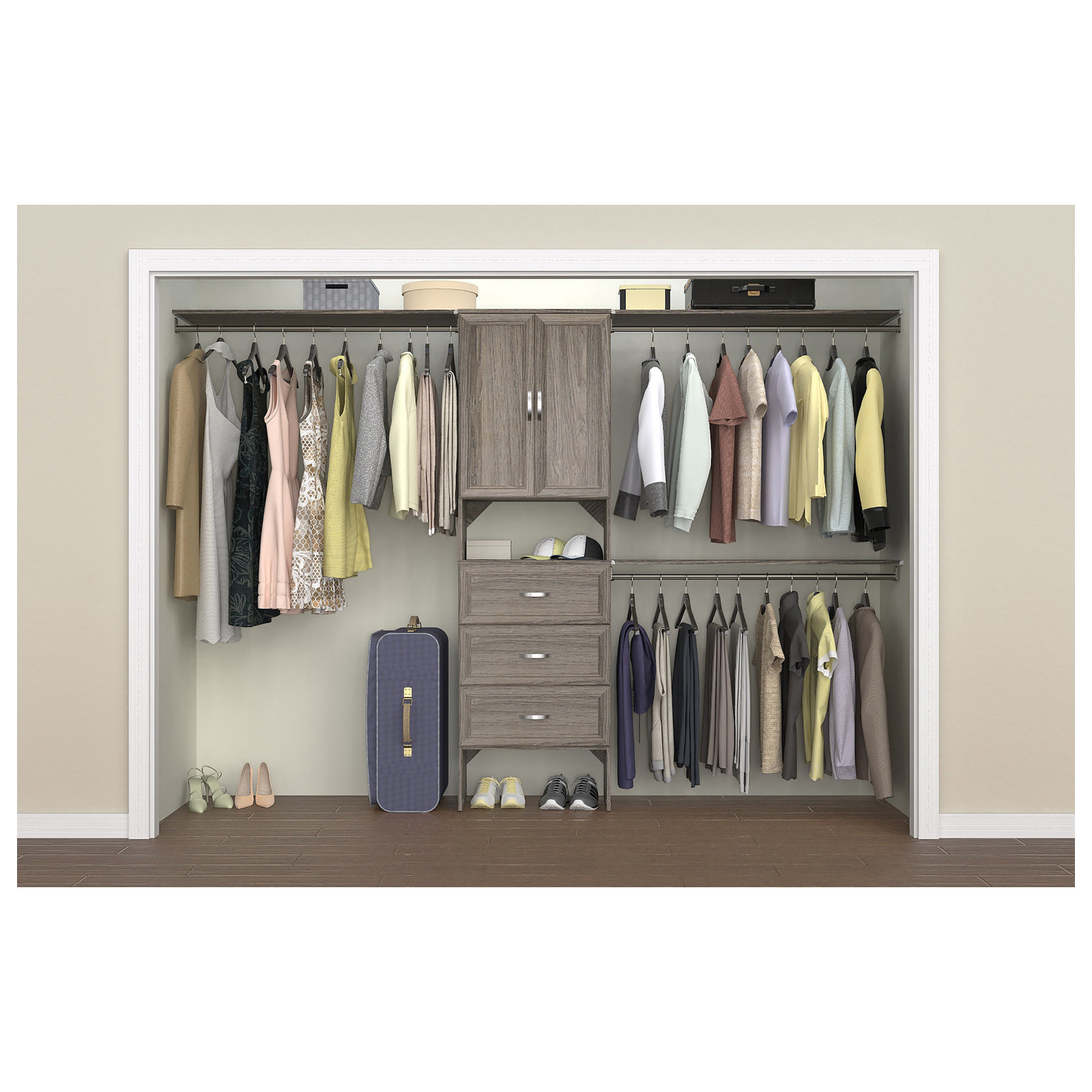 SuiteSymphony 84" W - 120" W Closet System with Drawers and Doors, Graphite Gray