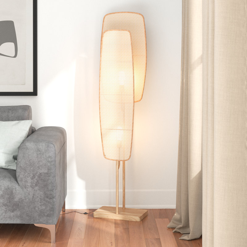 Lampe sur pied à 2 lumières en bambou tressé Boho avec finition grain de bois naturel 55 po Amud