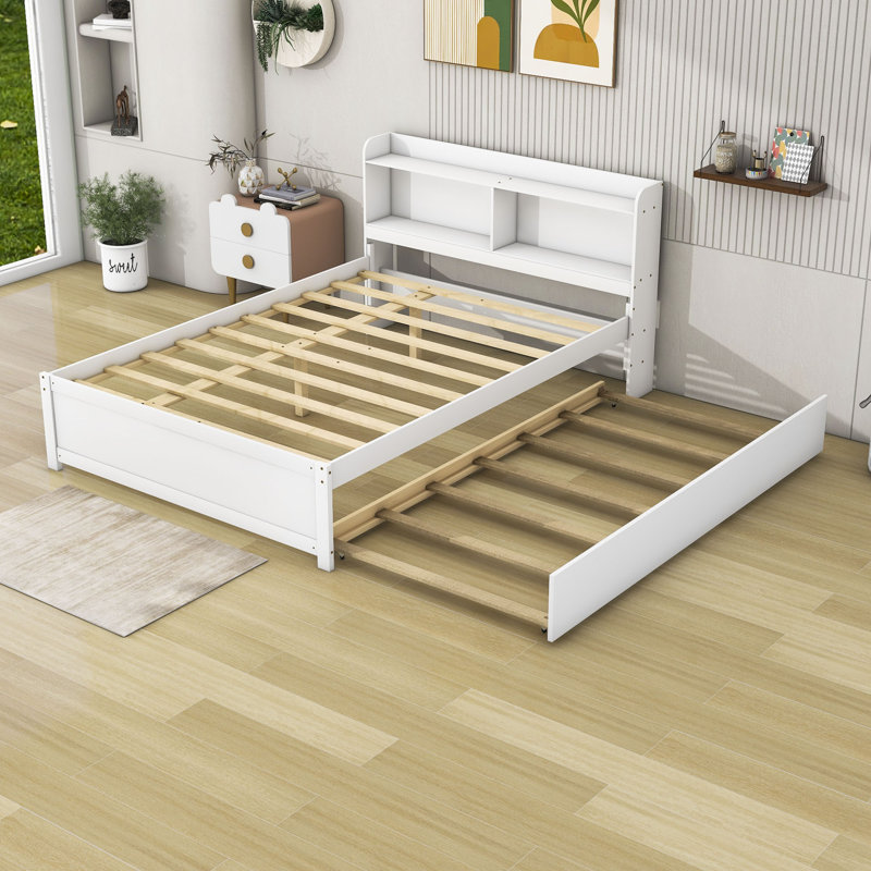 Full Size Platform Bed with Trundle and Storage Shelves, White