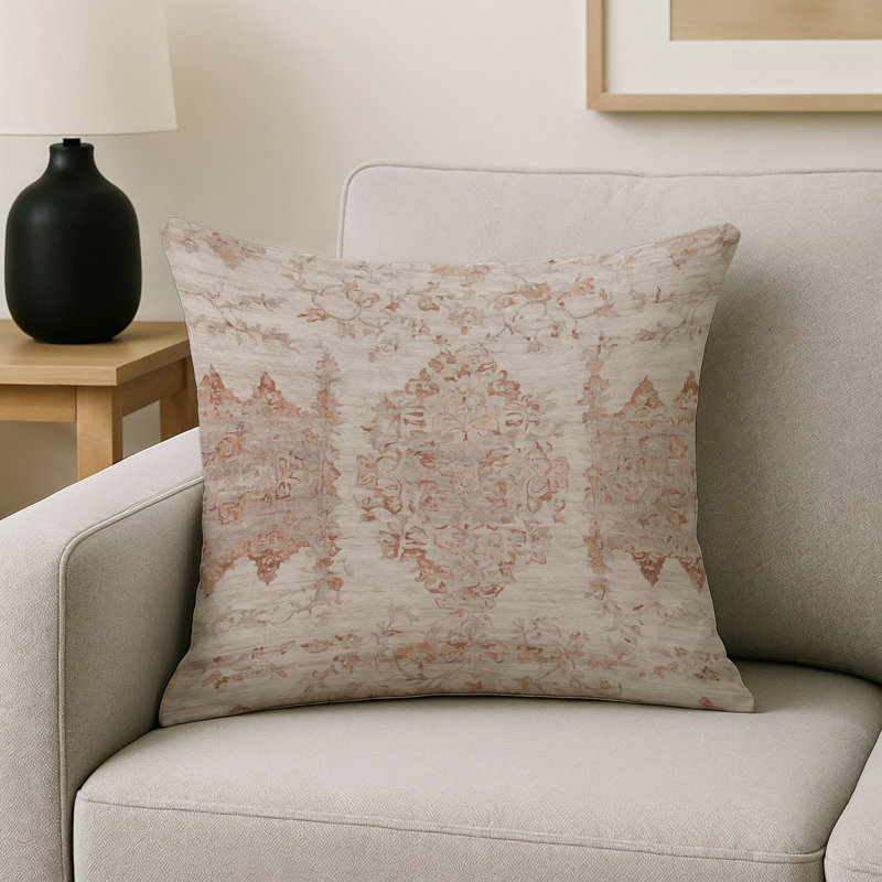 Coussin décoratif intérieur et extérieur Modern, Carré 16 po, Ivoire / rosé / taupe damassé