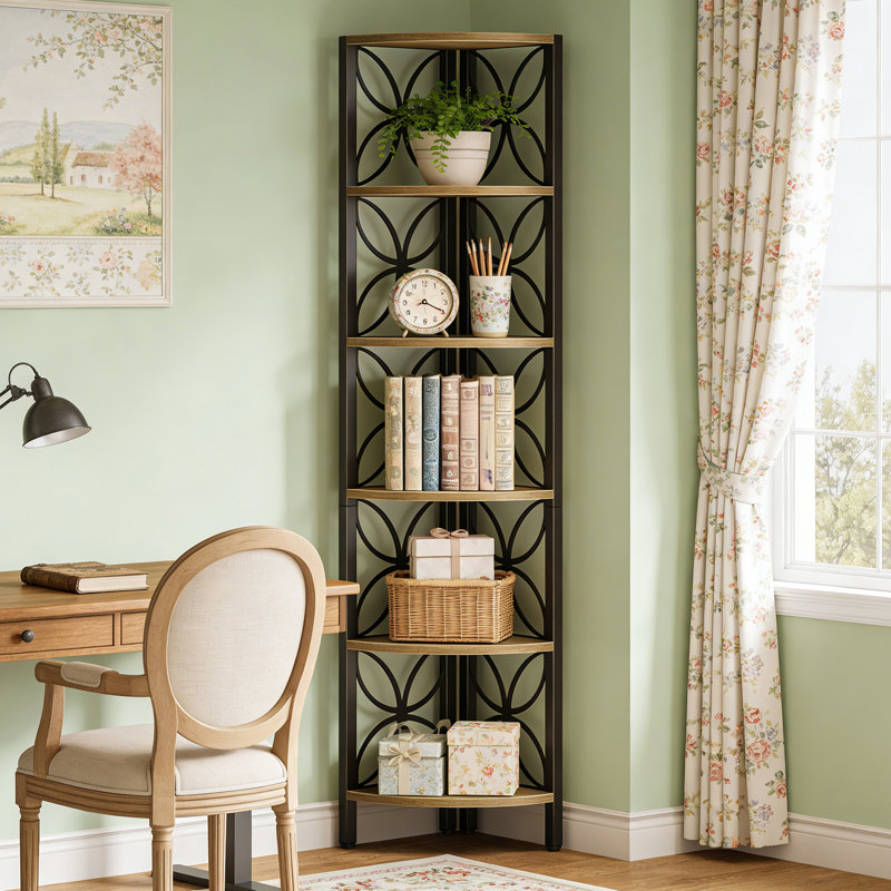 Étagère d'angle à 6 niveaux, bibliothèque de coin rustique de 71 po