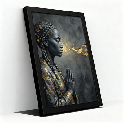 Woman Praying Profile with Gold Leaf Cracked Texture Canvas Wall Art