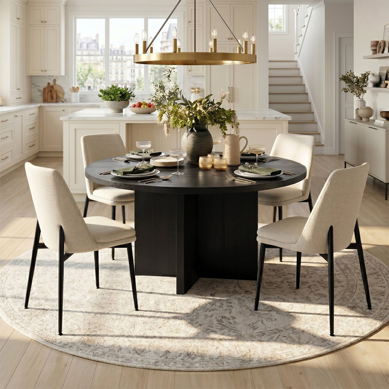 Modern 5-Piece Round Dining Set With Pedestal Base Table And Upholstered Side Chairs, Beige