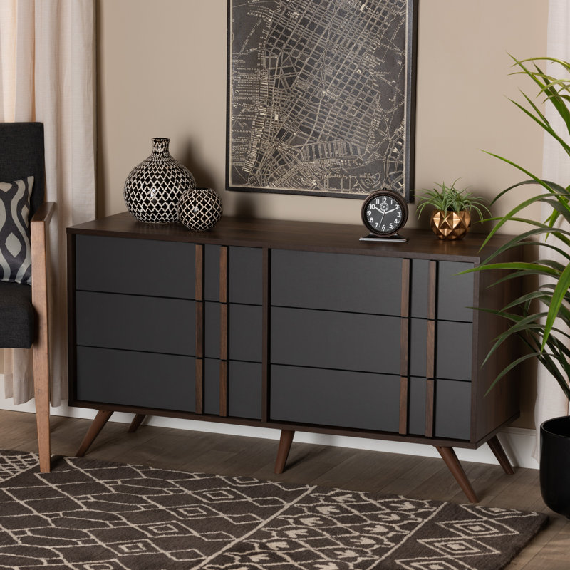 Commode de chambre à coucher à 6 tiroirs moderne et contemporaine Naoki, gris / noyer, H 3 po x l 20,2 po x P 10,6 po