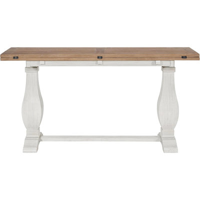 Napa Solid Wood Pedestal Flip-Top Sofa Console Table, White And Driftwood