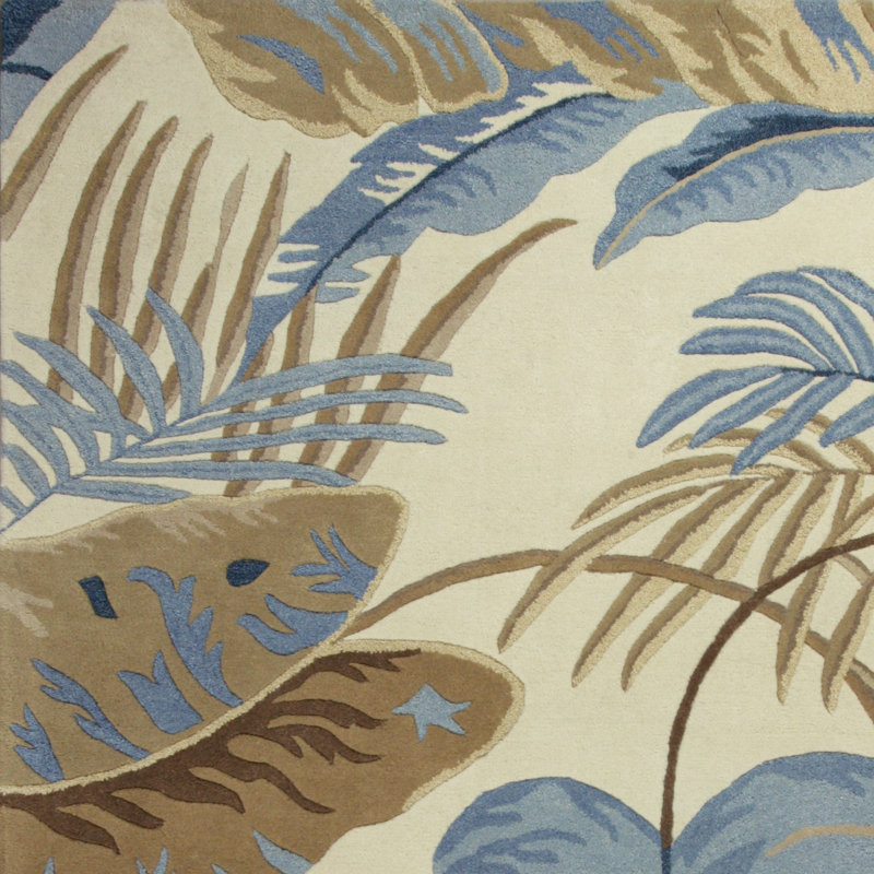 Tapis touffeté à la main botanique tropical en laine ivoire et bleue 2 pi x 4 pi Vredenburgh, Rectangle 2 pi x 4 pi