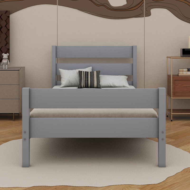 Structure de lit simple en bois avec tête et pied de lit intégrés, Gris