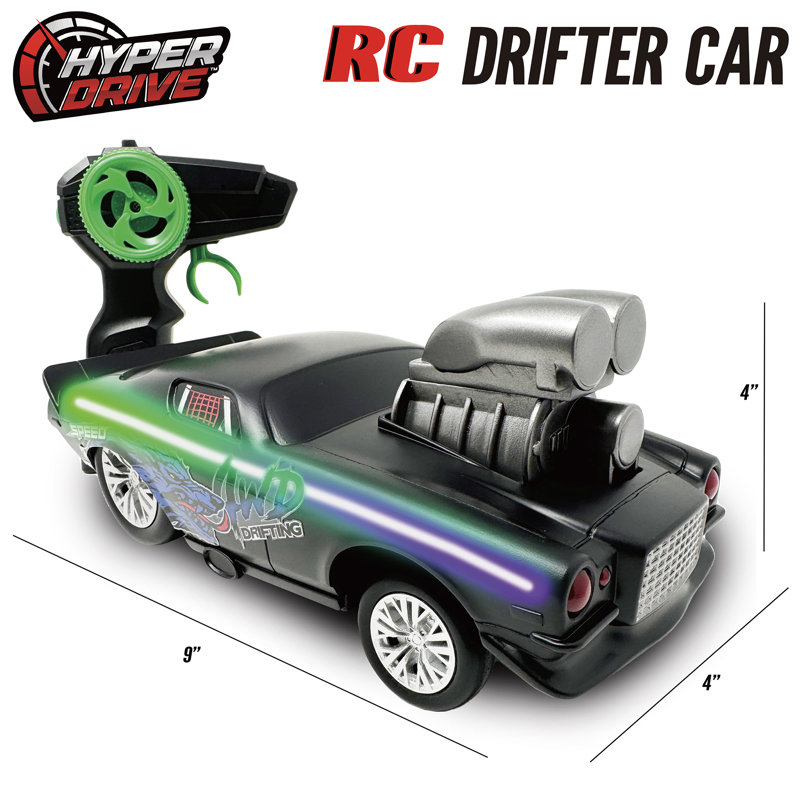 Hyper Drive: voiture de course RC - noire et verte - télécommande 2,4Ghz, véhicule de course Street Racer, lumières DEL multicolores, action de dérive, enfants de 5 ans et plus