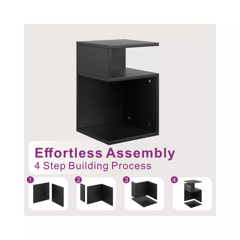 20'' S-Shaped End Table and Bookcase With Open Storage Shelves, Black