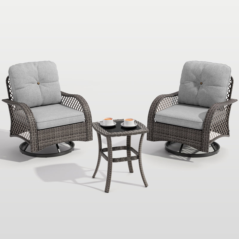 PE Rattan Patio Furniture Set with 2 Chairs & Tempered Glass Table - 3-Piece Outdoor Conversation Sofa Set with Removable Cushions for Porch, Backyard or Garden