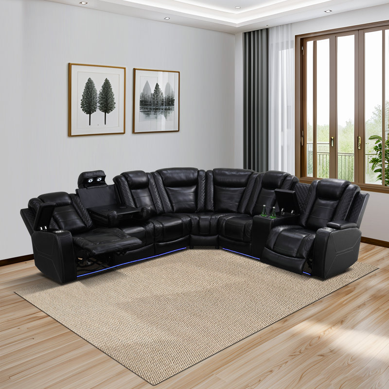 Three Piece Recliner Sofa Set, Black Faux Leather