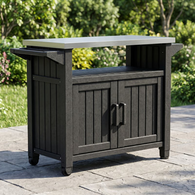 Farmhouse Rolling Grill Cart, Outdoor Kitchen Island & Prep Station, Resin Grill Table With Stainless Steel Top, Spice & Towel Rack