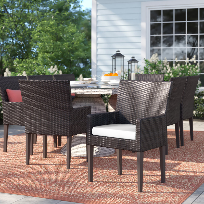 Anishia Wicker Premium All-Weather Wicker Outdoor Dining Armchair with Cushion, Tangerine Performance