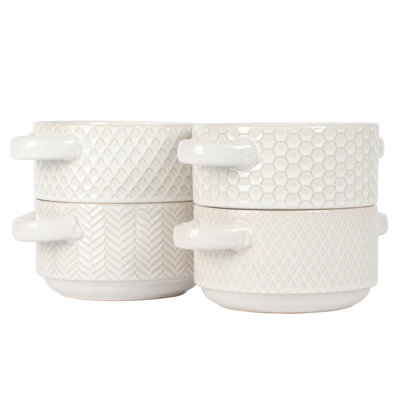 Gibson Elite Oyster Tide Embossed 6 Inch Soup Bowls with Handles. French Onion Soup Crocks, Stackable Soup Bowl, Chili, Beef Stew Reactive Glaze  Stackable Ceramic Bowl, Set of 4, White