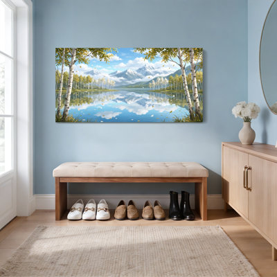 «Birch Trees Mountain Lake Reflection», ensemble de 1 reproduction d'art sur toile tendue