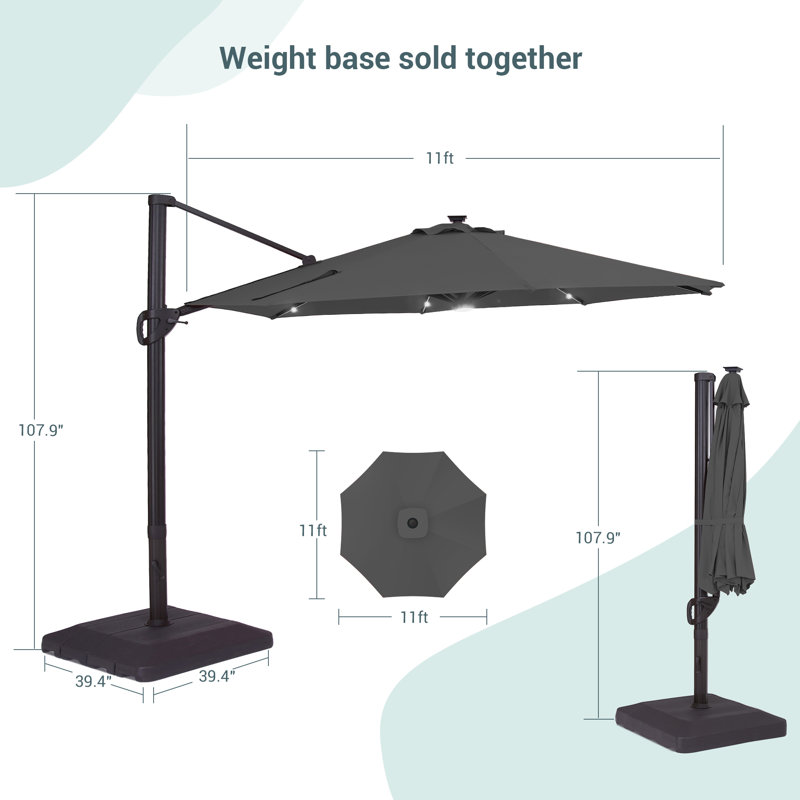 Parasol en porte-à-faux lumineux octogonal 11 pi 11 po Robby, gris