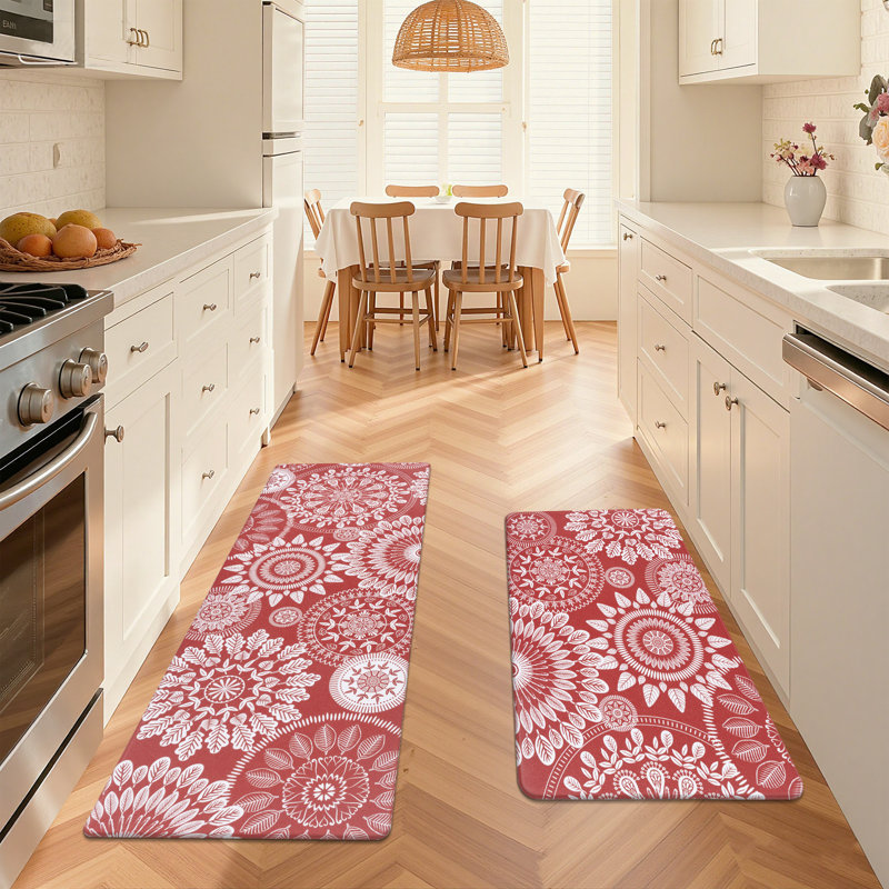 Tapis de cuisine antidérapant Jalissia, Tapis de couloir 18 po x 30 po + 18 po x 48 po, Red/White/Beige