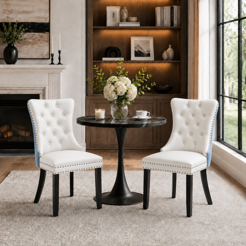 Modern Tufted Upholstered Parsons Dining Chair with Nailhead Trim, Black, Linen White/Blue