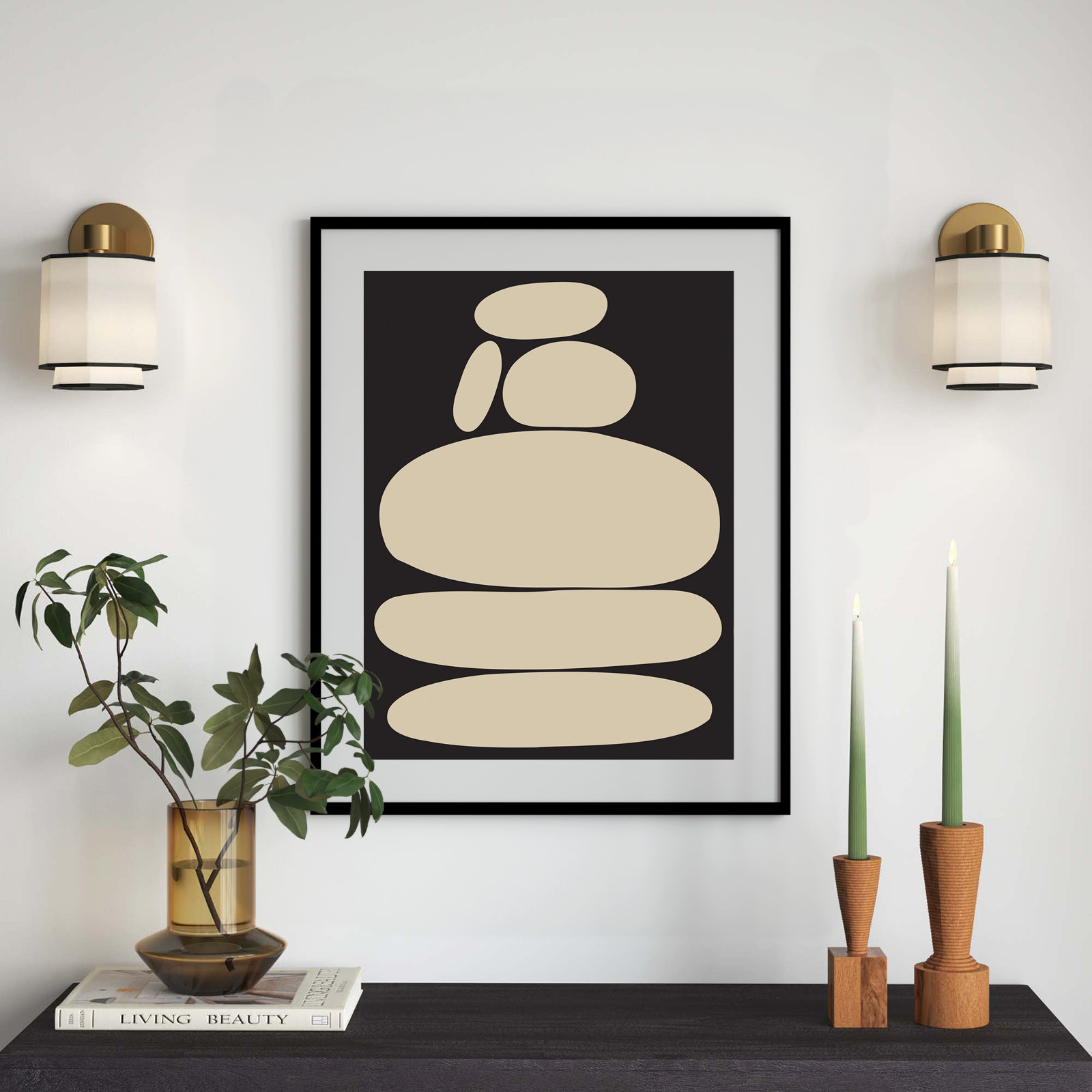 Zen River Rocks Black And Tan by The Creative Bunch Studio, Black Framed, 41" H x 33" W