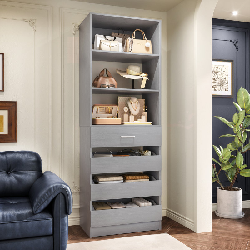 Rushville Closet System with 4 Drawer, 80" Tall Freestanding Wardrobe System, Gray