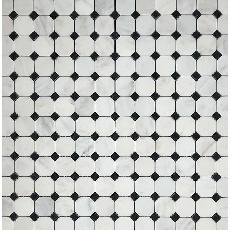 Carreau de mosaïque en marbre blanc octogonal 2 po Honed Eastern, Blanc/Noir