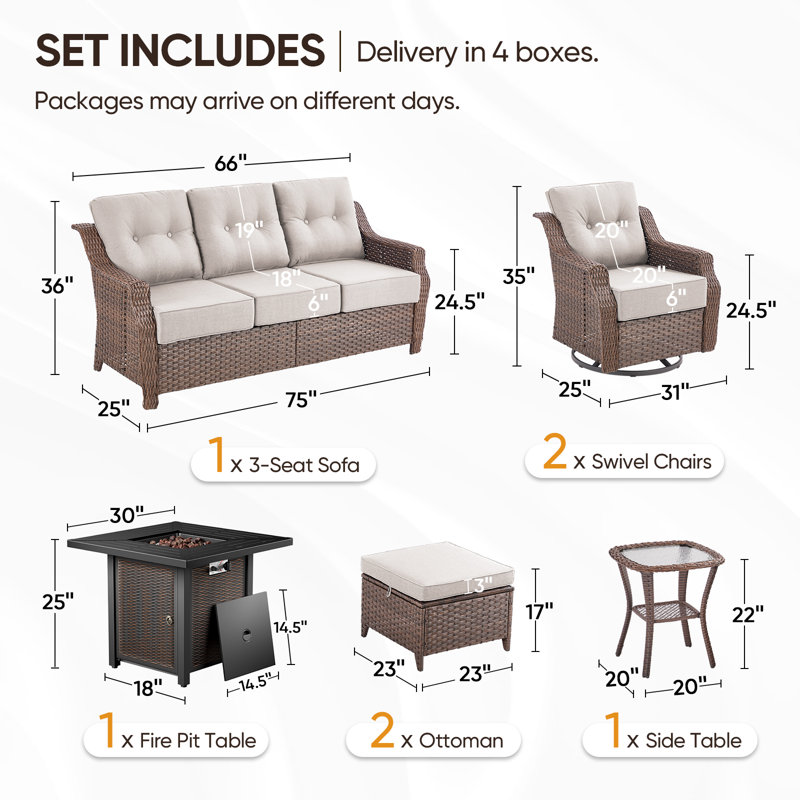 Circlarmino 7-Piece Outdoor Wicker Patio Conversation Set With Square Metal Fire Pit, Swivel Gliders, Ottomans And Side Table For Patio