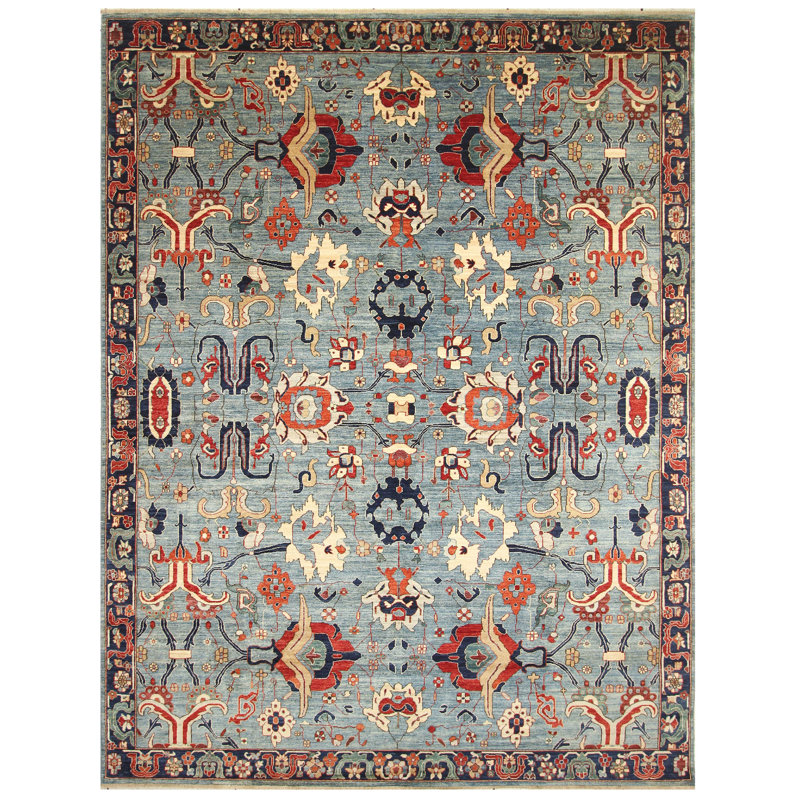 Tapis bleu clair et bleu marine de haute qualité noué à la main