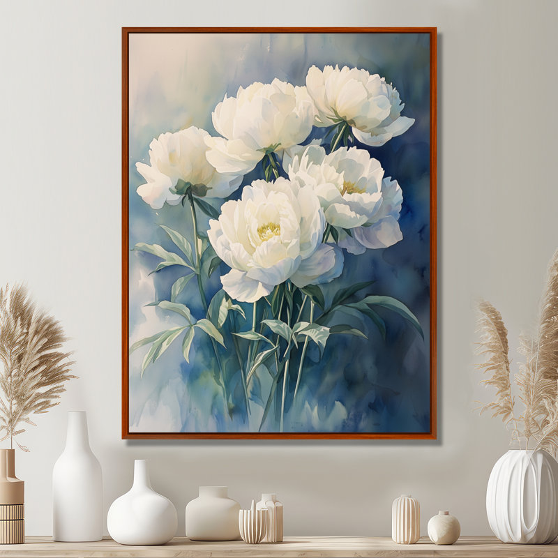 Aqua pivoines et ombres géométriques I - pivoines, art mural, H 40 po x l 30 po, Reproduction avec cadre flottant, Brun