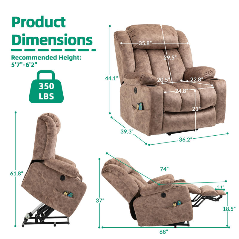 Elsinboro Upholstered Heated Massage Chair, Brown (Soft Fabric)