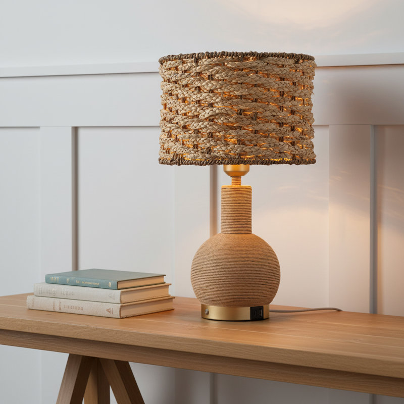 Lampe de table en rotin 19 po avec gradateur tactile USB 3 voies Amber