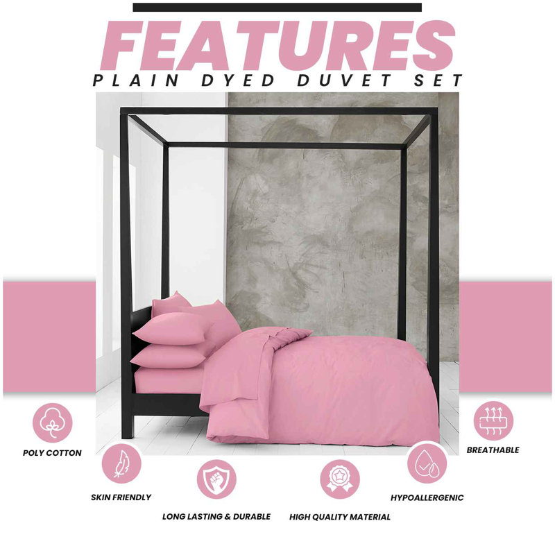 Cotton Blend Plain Dyed Duvet Cover Set with Pillowcases | Premium Polycotton Bedding for Comfort & Style, Pink