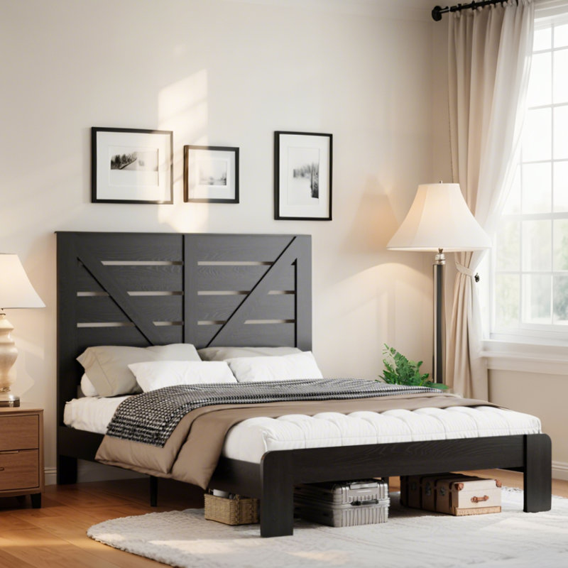 Base de lit plateforme en bois avec tête de lit, Noir, Très grand