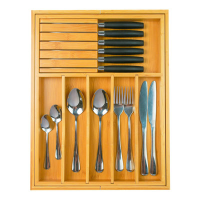 Silverware Drawer Organizer With Removable Knife Block And Dividers, Expandable Bamboo Kitchen Drawer Organizer, Flatware Utensil Cutlery Organizer For Drawer 8 Compartments