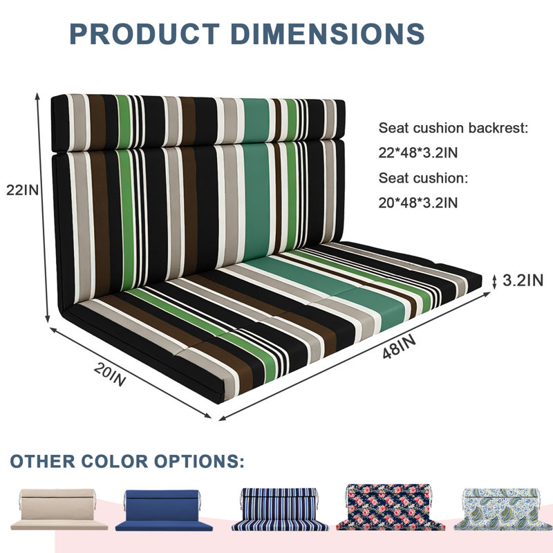 Outdoor Seat Cushion, Bench Cushions With Backrest, Water-repellent, Green Striped