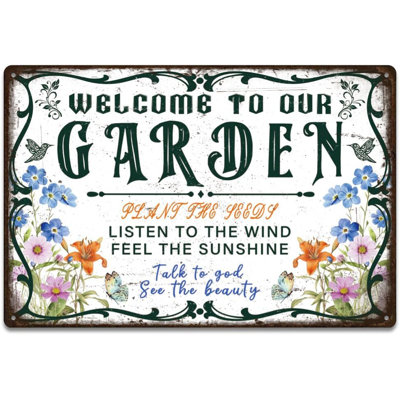 Welcome To Our Garden Tin Signs Flower Butterfly Retro Metal Poster Plaque Vintage Sign Decorative for Garden Courtyard Balcony Terrace Café Indoor Outdoor Wall Art Gifts 11.8x7.8in
