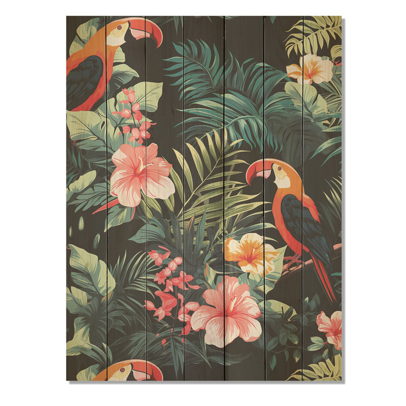 Perroquets oranges et roses et plantes tropicales I - Perroquet sur bois, H 44 po x l 34 po